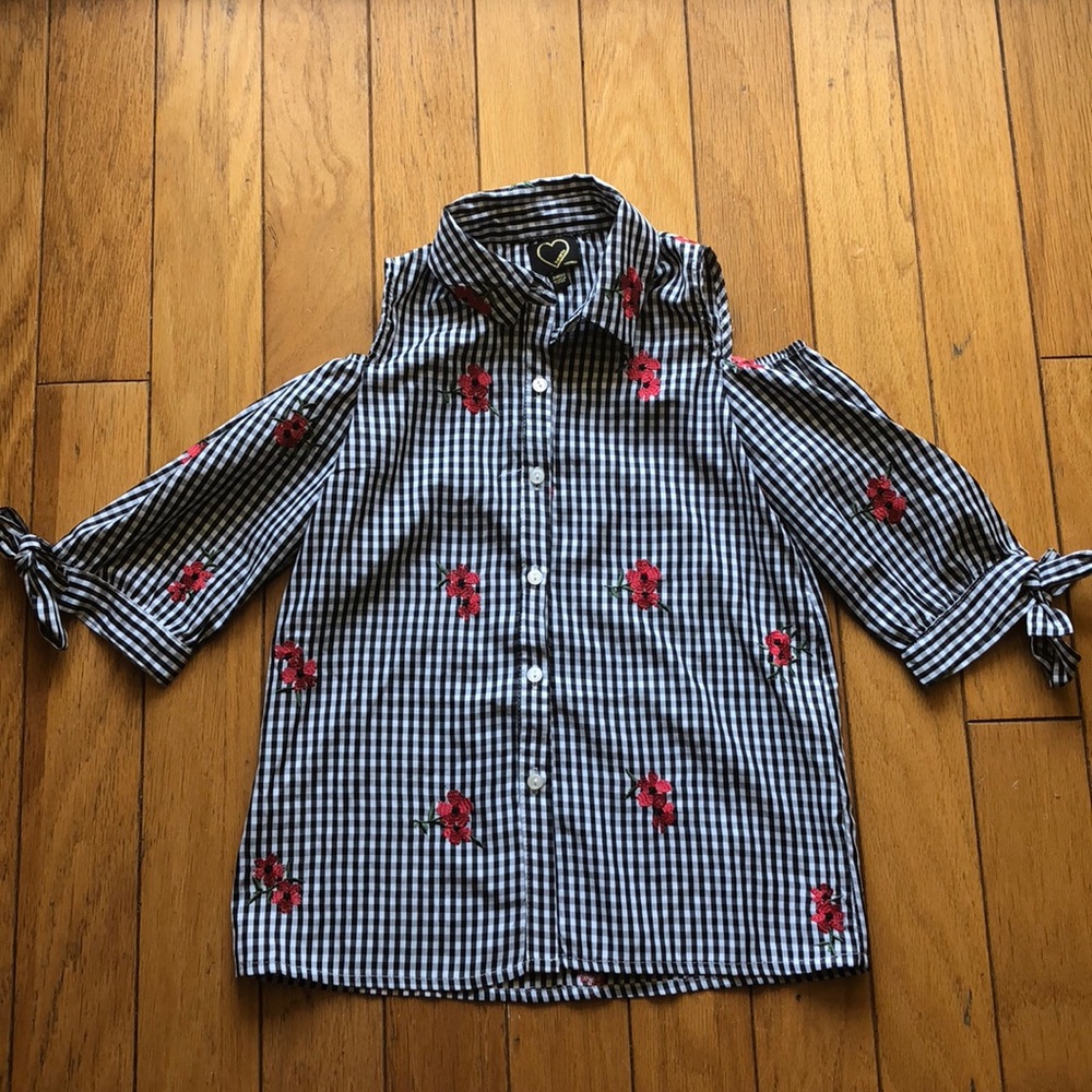 Girls Cold Shoulder Plaid Button Down Sz 7/8